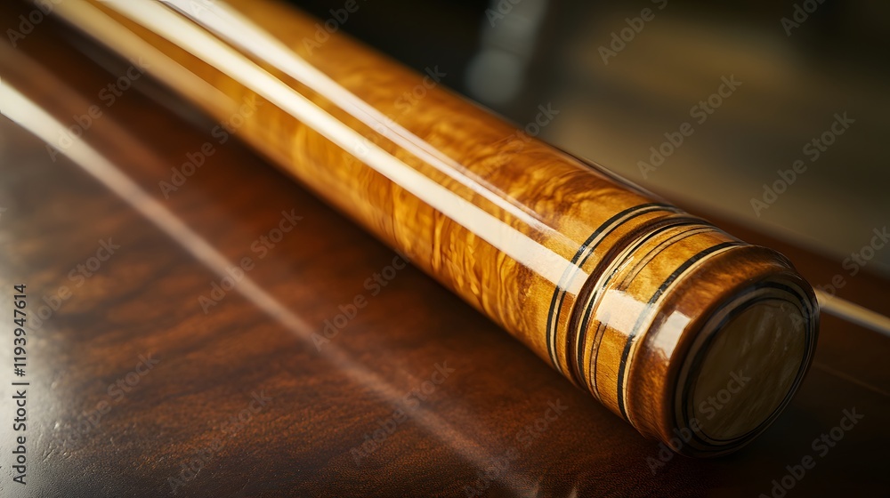 Polished Wooden Cue Resting On Dark Wood Surface Polished Wooden Cue Resting On Dark Wood Surface
