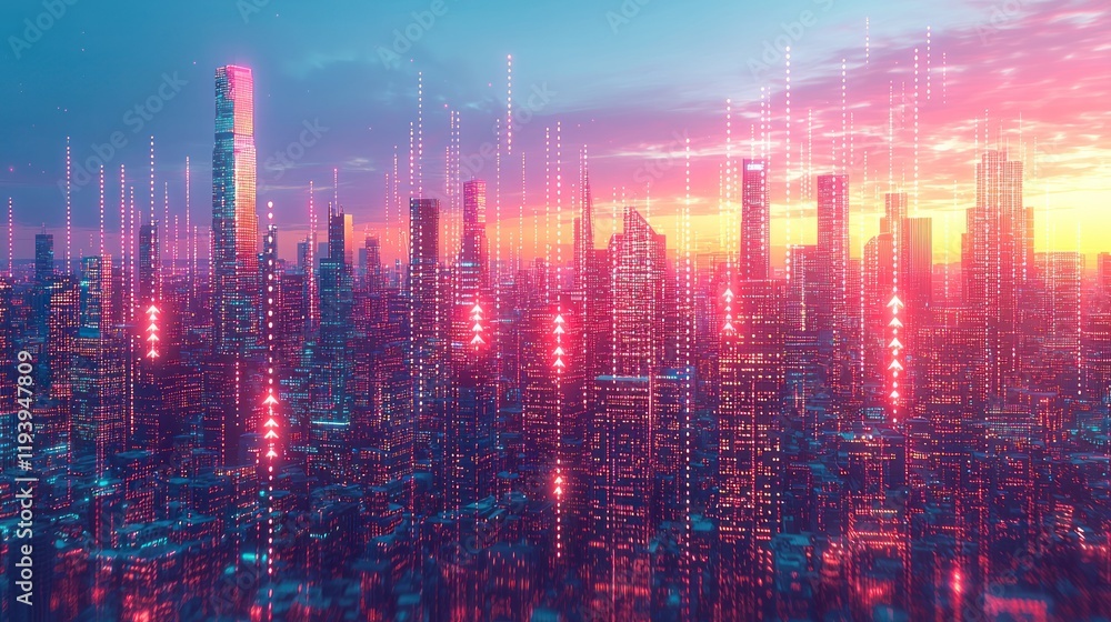 Fototapeta premium Futuristic Cityscape at Sunset: A Digital Dawn
