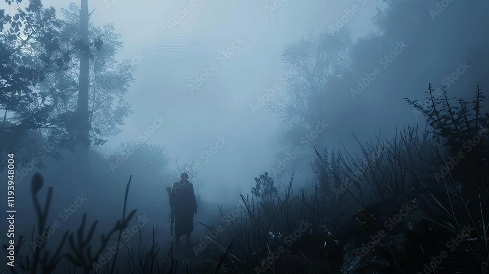 Fototapeta premium A figure walks through a foggy forest, creating a mysterious and atmospheric scene.