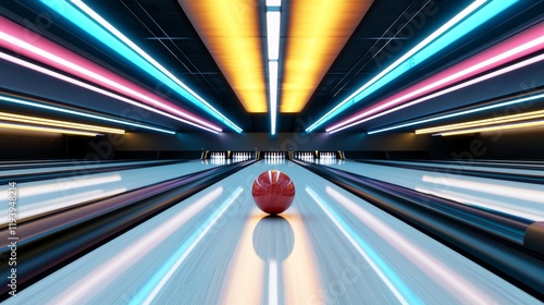 Wallpaper Mural Dynamic Bowling Alley Scene with Colorful Lights and a Rolling Red Bowling Ball Torontodigital.ca