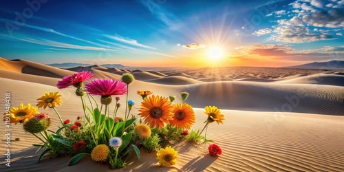 Vibrant wildflowers bloom amidst the golden dunes at sunset, a breathtaking desert scene