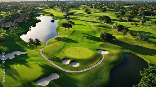 Aerial View of Lush Green Golf Course Surrounded by Tranquil Water Bodies and Lush Landscaping