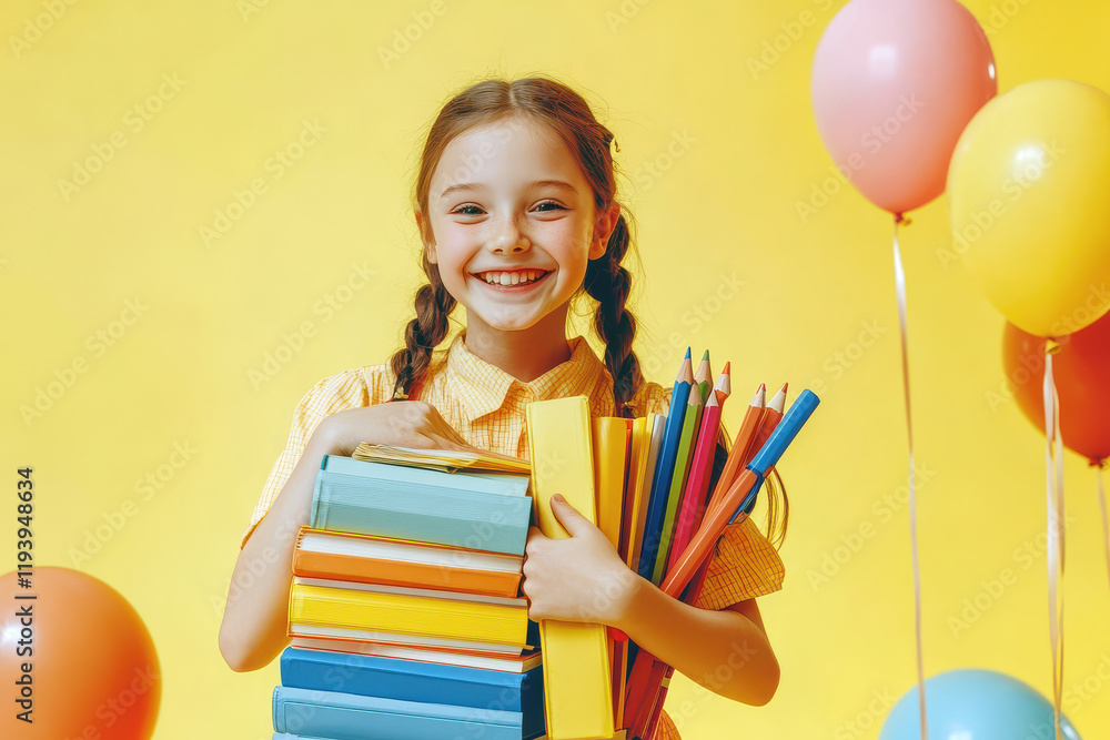 Cheerful schoolgirl with books and colorful pencils on yellow background Cheerful schoolgirl with books and colorful pencils on yellow background