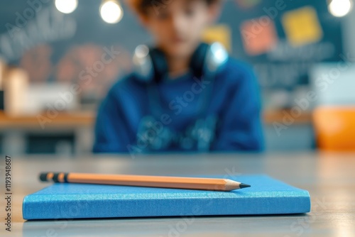 Notebook and pencil on a desk with a blurred classroom background