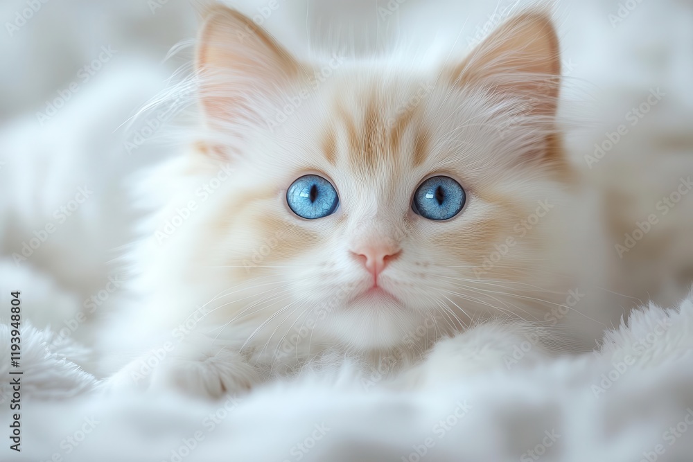 closeup of a fluffy white kitten with sparkling blue eyes illuminated by soft warm lighting the background remains subtle enhancing the kittens adorable features and pristine fur texture closeup of a fluffy white kitten with sparkling blue eyes illuminated by soft warm lighting the background remains subtle enhancing the kittens adorable features and pristine fur texture