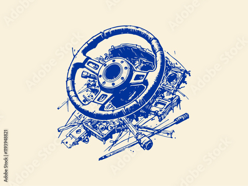 Car Parts Waste Hand Drawn Sketch Illustration Vector Isolated