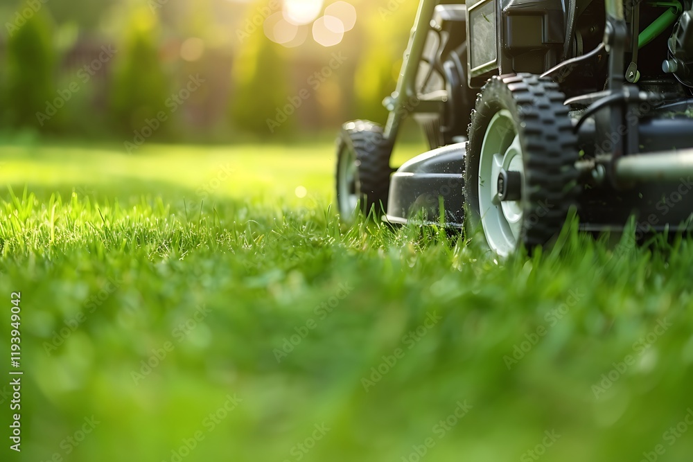 Fototapeta premium Lawn mower cutting grass in the garden