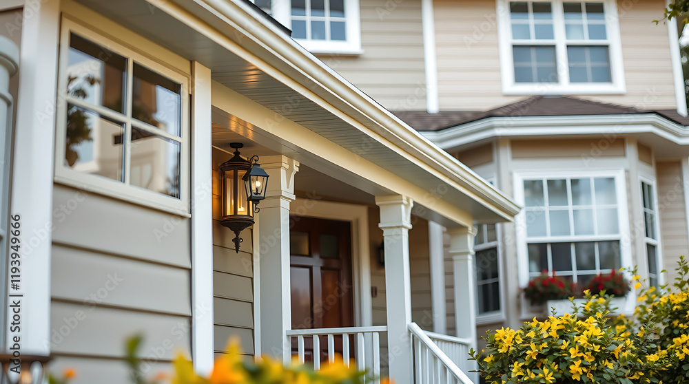 Fototapeta premium Dream House Exterior: Elegant Home Design with Charming Porch and Landscaping