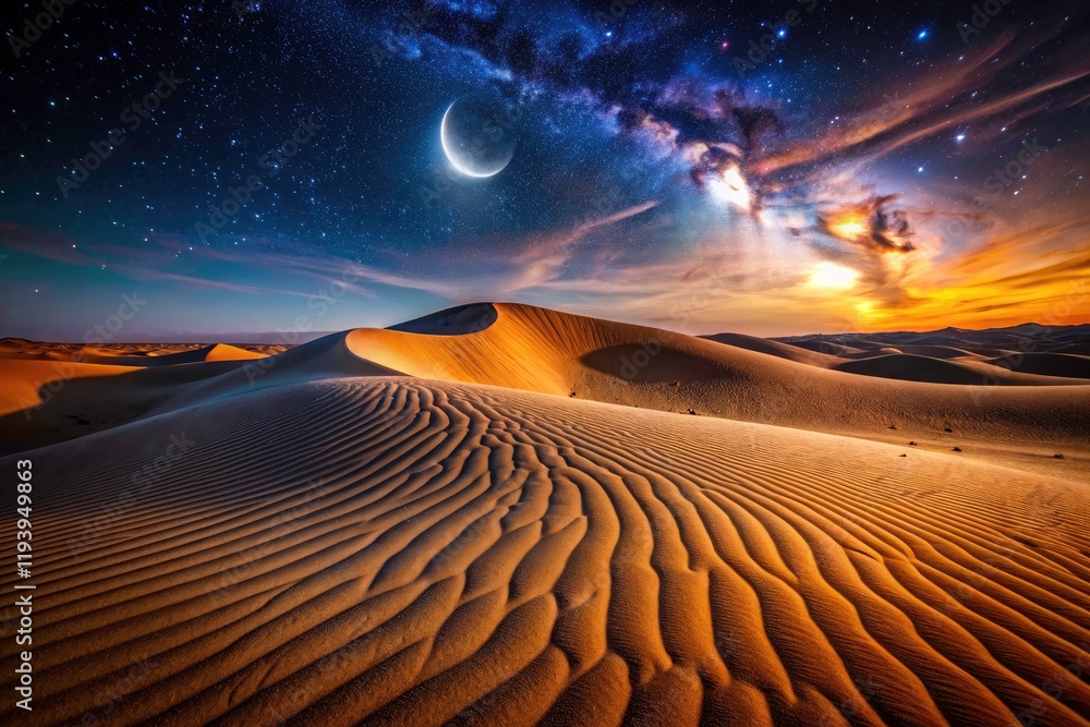 Naklejka premium Arabian Desert Night Photography, Crescent Moon Macro, Starry Sky, Dunes Landscape, Night Desert Scene, Macro Photography, Desert Beauty, Night View, Sand Dunes, Middle East Night