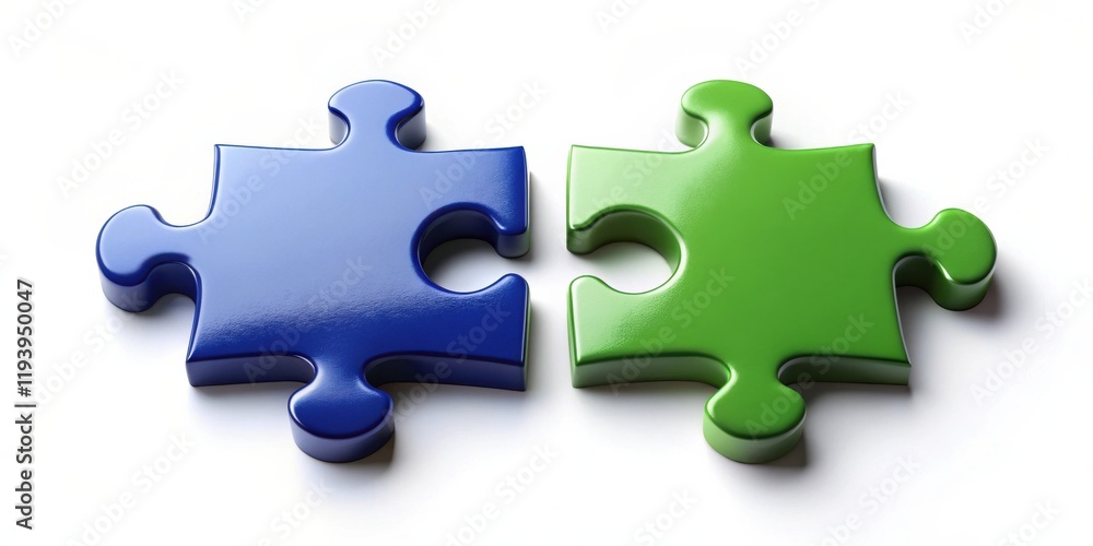Obraz premium Two glossy puzzle pieces, blue and green, nearly connected representing teamwork and collaboration