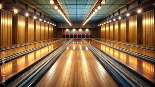 Gleaming Lanes of a Classic Bowling Alley A View Down the Polished Wooden Alleys Under Warm Lighting photo