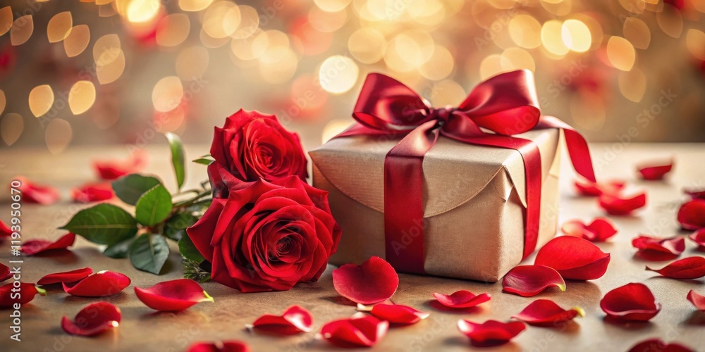 Romantic gift presentation with red roses and scattered petals Romantic gift presentation with red roses and scattered petals