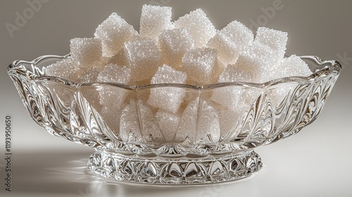 Crystal bowl filled with white sugar cubes. photo