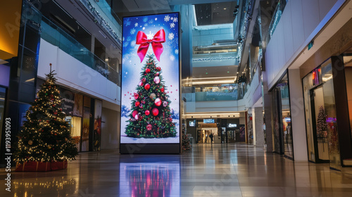 A vertical led billboard displays Christmas theme in the shopping mall