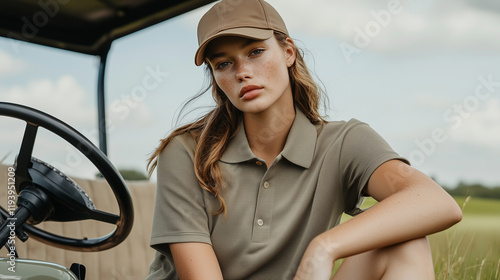 A relaxed pose of a model sitting on a golf cart, wearing a stylish polo shirt and cap with a sporty vibe
