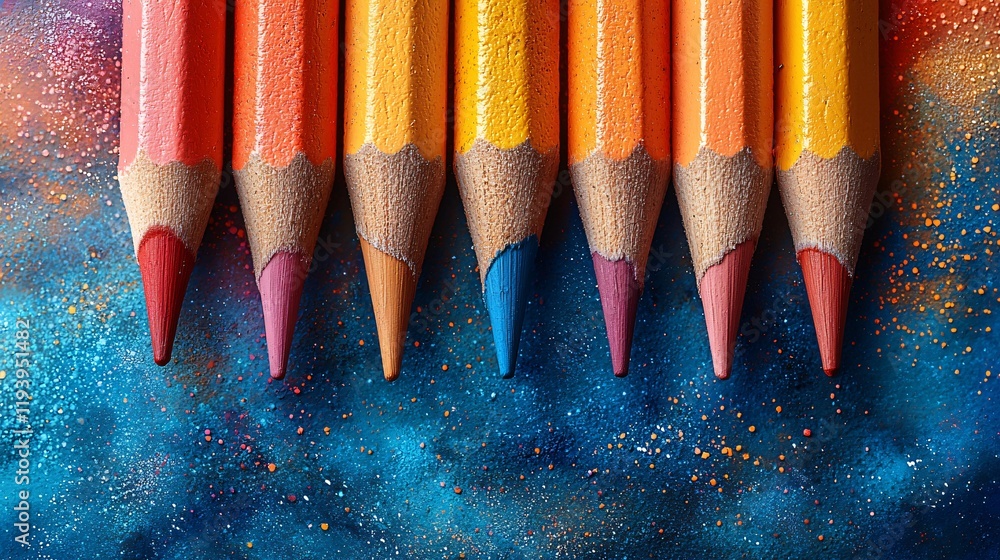 Close-up of seven vibrant colored pencils arranged in a row against a textured background. Close-up of seven vibrant colored pencils arranged in a row against a textured background.