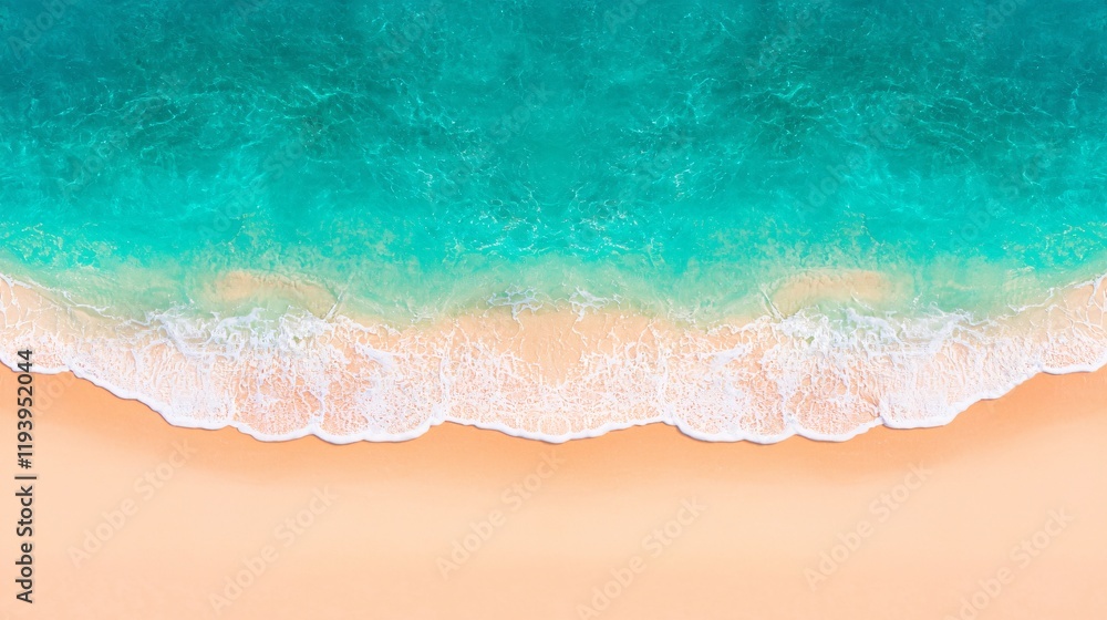 Aerial view of turquoise ocean waves gently lapping on a sandy beach. Aerial view of turquoise ocean waves gently lapping on a sandy beach.