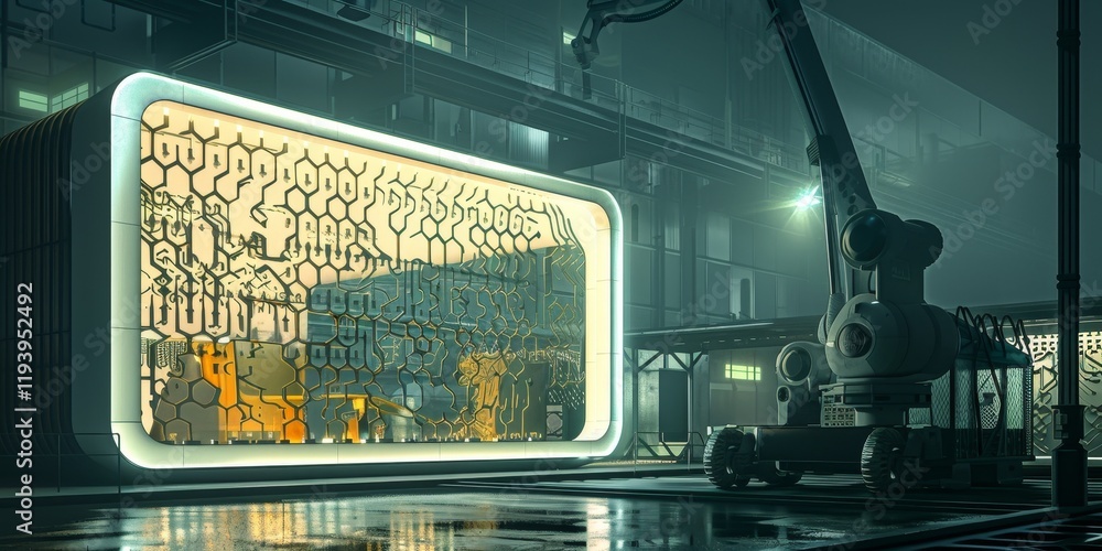 Obraz premium A futuristic industrial scene featuring robotic machinery and a large illuminated circuit board.