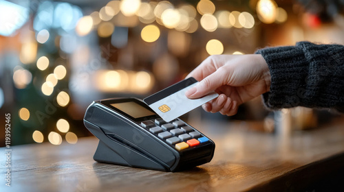 Hand Holding Card Near Payment Terminal in Soft Focus Background with Blurry Lights and Warm Ambience