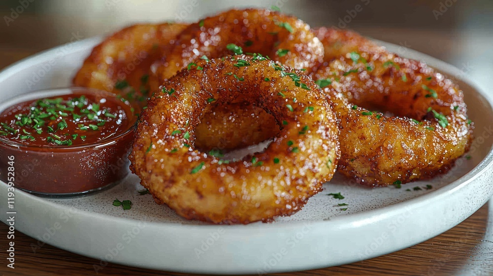 Golden fried onion rings with dipping sauce, sprinkled herbs. Golden fried onion rings with dipping sauce, sprinkled herbs.