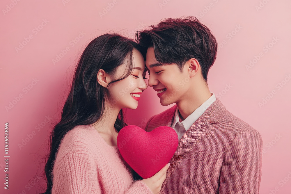 Portrait of young Asian couple posing with a heart with pink background for Valentine's Day Portrait of young Asian couple posing with a heart with pink background for Valentine's Day
