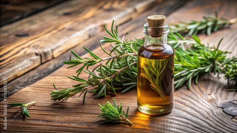 A bottle of essential oil with a sprig of fresh rosemary and thyme placed next to it on a wooden table, aromatherapy A bottle of essential oil with a sprig of fresh rosemary and thyme placed next to it on a wooden table, aromatherapy