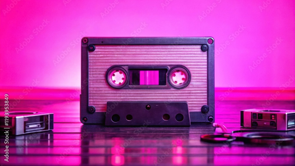 Fototapeta premium Retro audio cassette tape and vintage camera on a reflective surface with vibrant pink lighting.