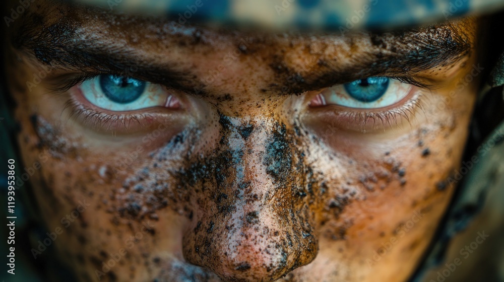Close-up of a soldier's mud-covered face with intense blue eyes. Close-up of a soldier's mud-covered face with intense blue eyes.
