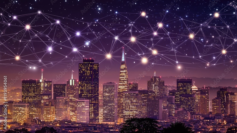 Fototapeta premium Glowing network connections over San Francisco's skyline at night, representing the city as a hub for technology, digital innovation, and global connectivity