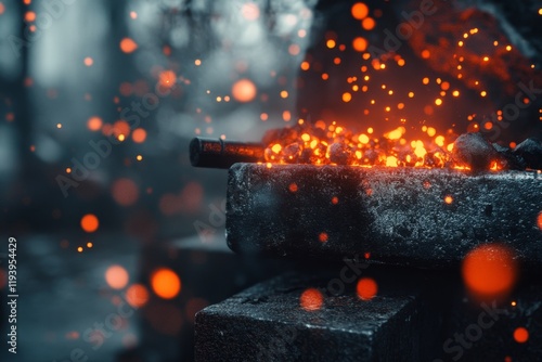 A gothic depiction of Vulcan standing in a dark, fiery forge, with glowing coals and ominous shadows cast by his tools and creations photo