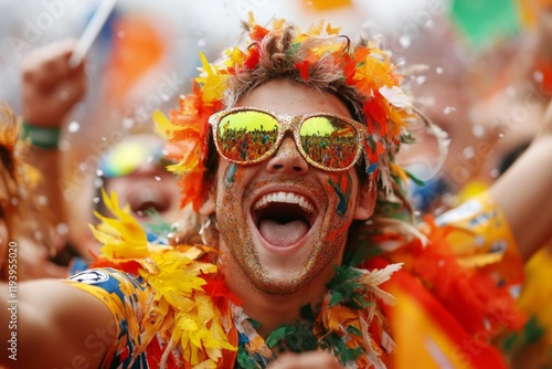 A group of fans waving flags and blowing vuvuzelas during a World Cup match, their enthusiasm filling the scene with energy photo