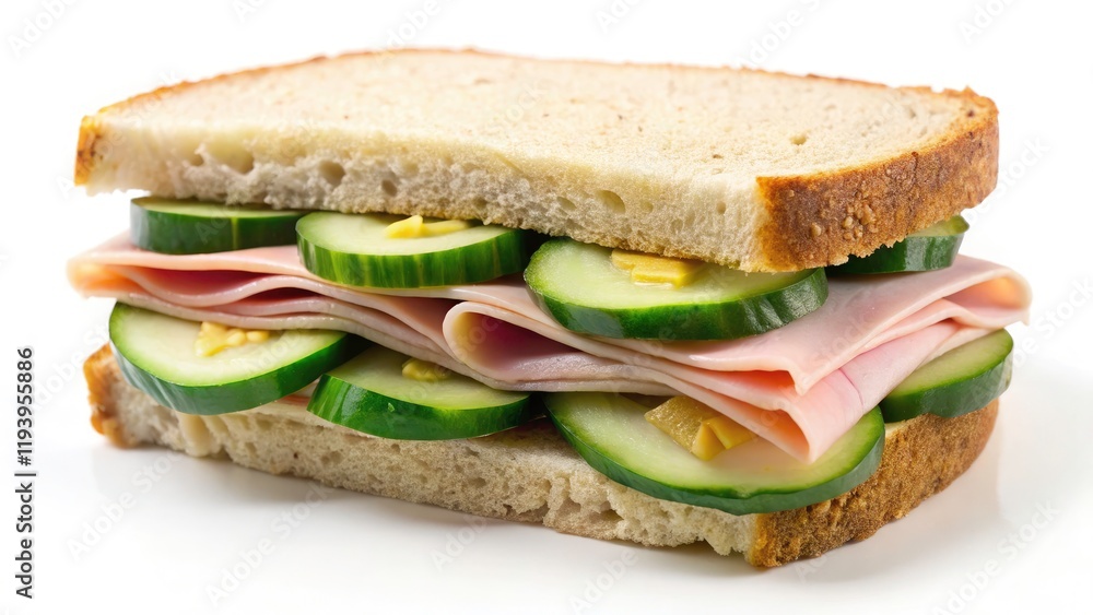 Isolated Close-Up of a Delicious Turkey Ham and Cheese Sandwich with Cucumber on White Background Isolated Close-Up of a Delicious Turkey Ham and Cheese Sandwich with Cucumber on White Background