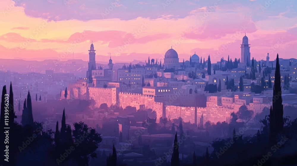 Naklejka premium The cityscape of Jerusalem at dawn, showcasing the ancient architecture, religious landmarks, and timeless beauty of the Holy City.