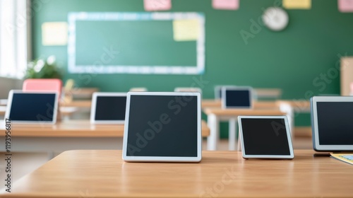 Modern classroom featuring tablets on desks, highlighting technology in education.