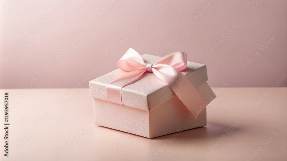 Fototapeta premium A delicately tied pink ribbon adorns a pastel pink gift box, presenting a charming visual for celebratory occasions