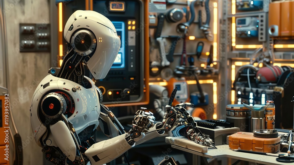 Fototapeta premium A futuristic robot working at a desk surrounded by advanced technology and tools.