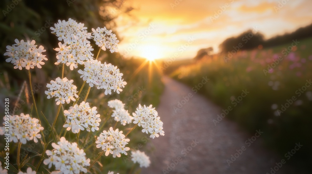 Obraz premium White flowers bloom along a path as the sun sets, creating a serene and picturesque landscape.