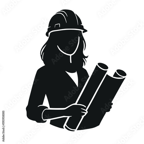 Schwarz-weiße Silhouette einer Architektin mit Bauhelmen und Plänen – KI generiert