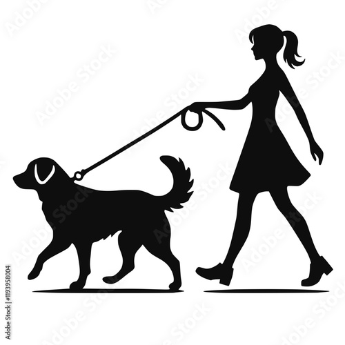 Schwarz-weiße Silhouette einer Frau mit Hund an der Leine – KI generiert