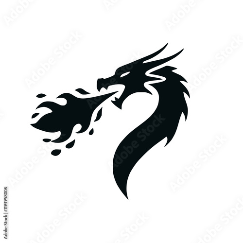 Schwarz-weiße Drachen-Silhouette mit Feueratem – KI generiert
