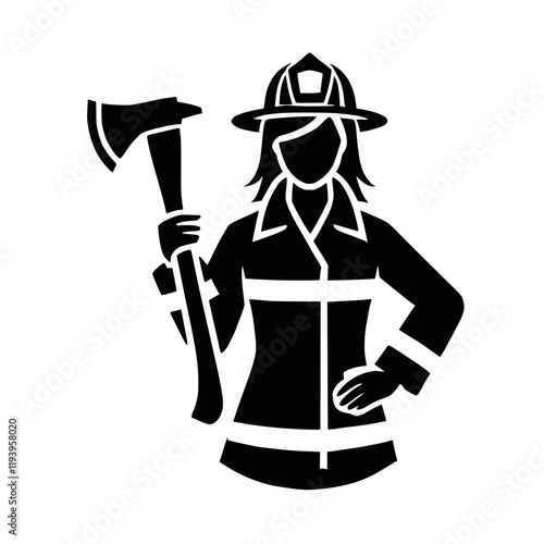 Schwarz-weiße Feuerwehrfrau-Silhouette mit Axt – KI generiert