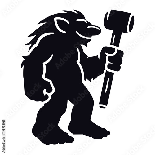 Schwarz-weiße Troll-Silhouette mit Hammer im Fantasy-Stil – KI generiert