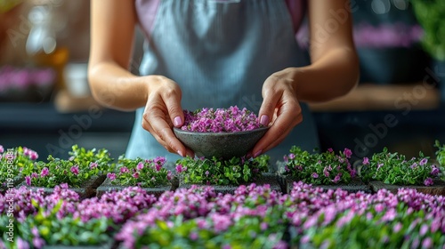 Hands holding small purple flowers, close-up.