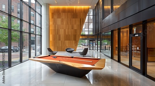 Modern lobby pool table, city view, wood wall, luxury apartment