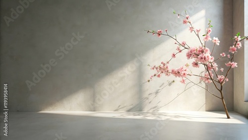 Serene Minimalist Interior with Blooming Branch in Sunlight