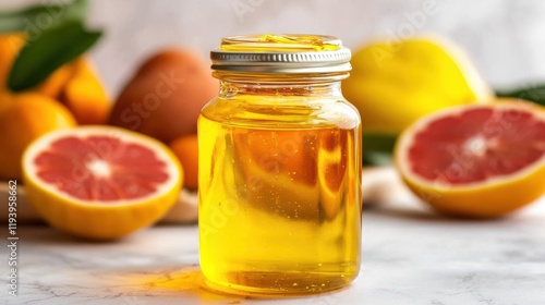 A glass jar of golden syrup surrounded by fresh citrus fruits on a marble surface. photo