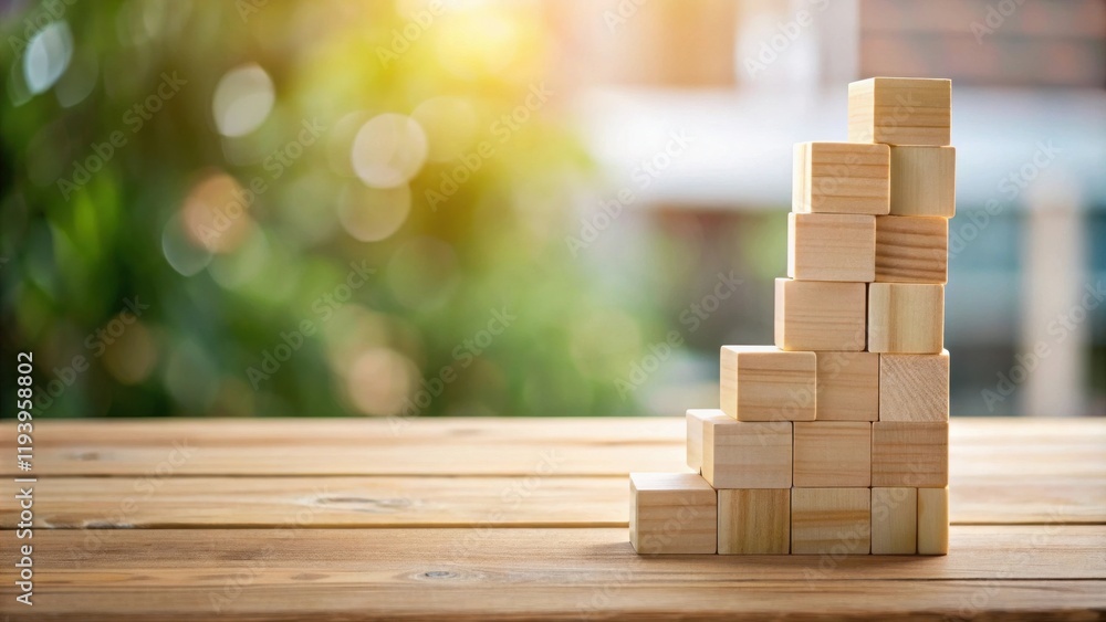 Wooden blocks arranged as ascending steps on a table against a blurred natural background Wooden blocks arranged as ascending steps on a table against a blurred natural background