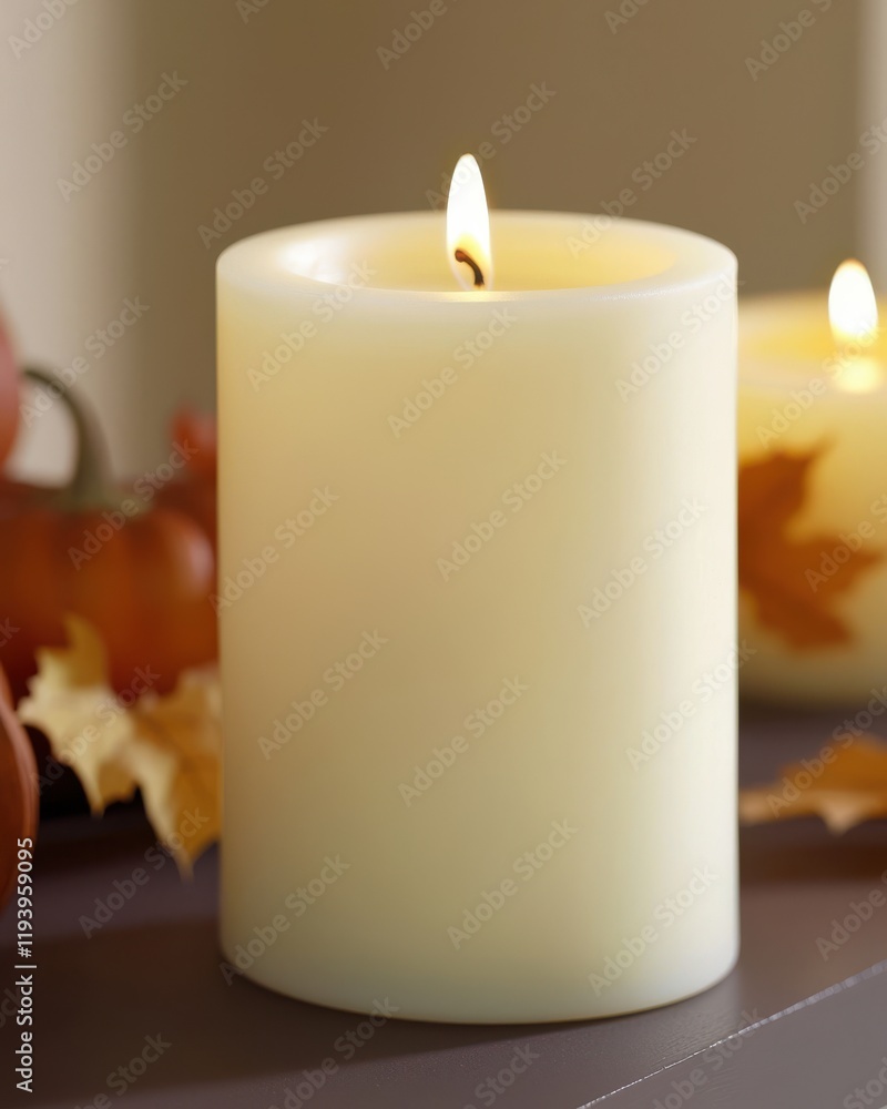 A lit candle surrounded by autumn decorations, creating a cozy ambiance. A lit candle surrounded by autumn decorations, creating a cozy ambiance.