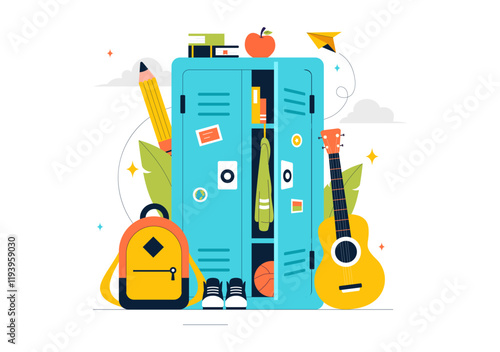 School Locker Room Vector Illustration Featuring Neatly Organized Student Storage with Books, School Supplies, Personal Items, and Accessories
