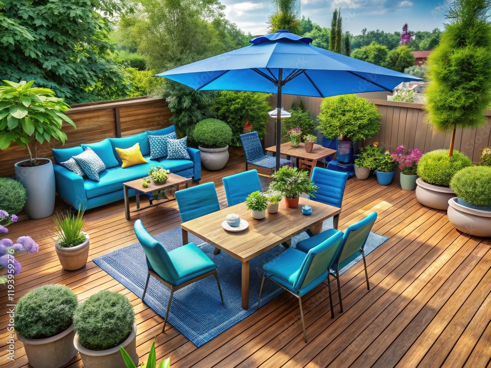 Cozy Outdoor Dining Area with Blue Patio Furniture and Umbrella - Perfect for Relaxation and Gatherings in the Sun